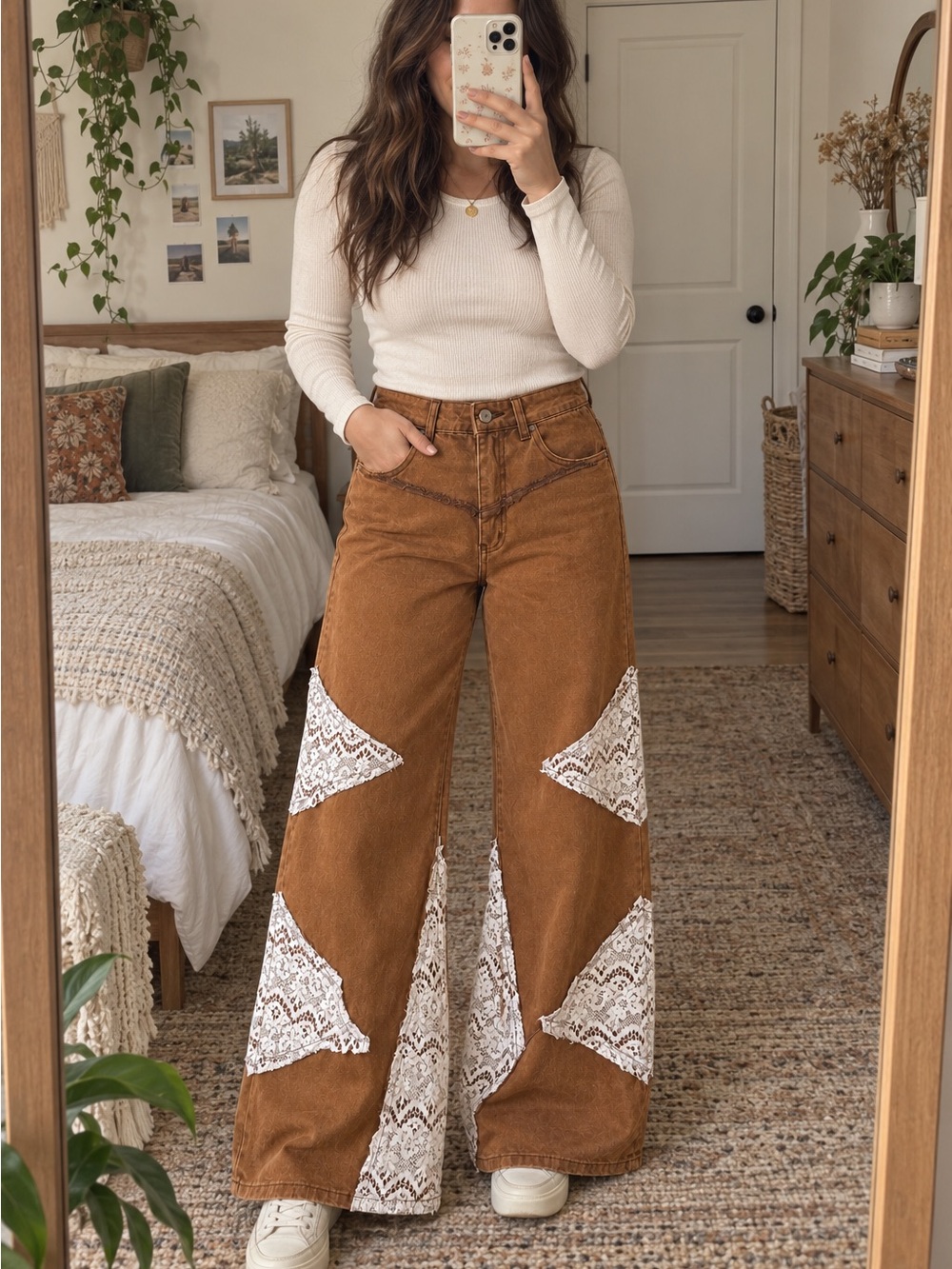 Boho Lace-Panel Wide Leg Pants - Brown